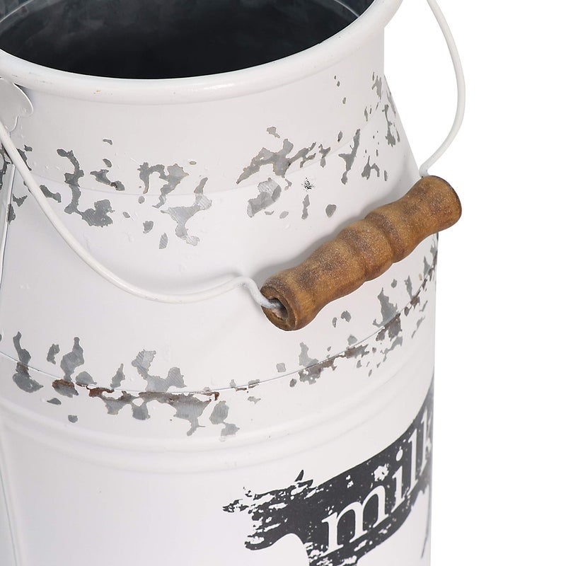 Fovasen Metal Big Cow Galvanized Milk Can with Wooden Handle, Rustic White Farmhouse Vase Planter, Primitive Decorative Flower Holder for Home Wedding Table Centerpiece Decor Large - 11" - Image 4