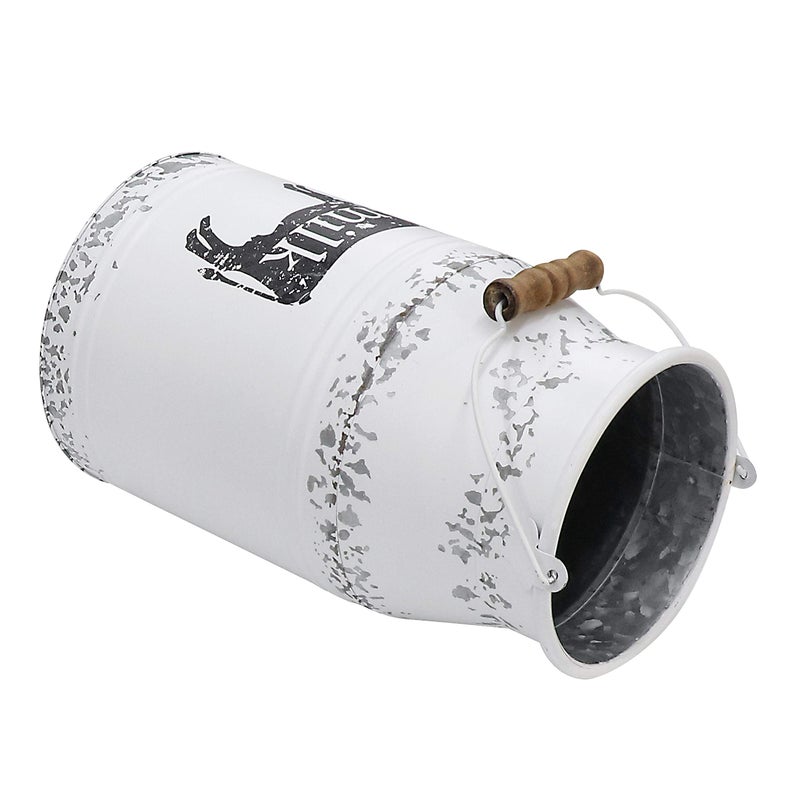 Fovasen Metal Big Cow Galvanized Milk Can with Wooden Handle, Rustic White Farmhouse Vase Planter, Primitive Decorative Flower Holder for Home Wedding Table Centerpiece Decor Large - 11" - Image 2