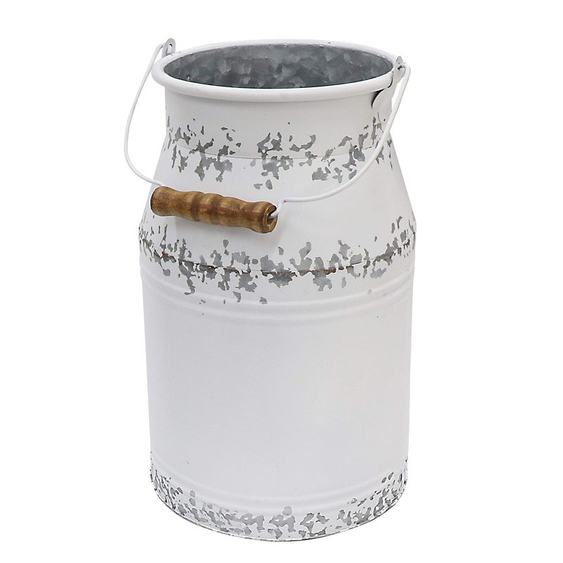 Fovasen Metal Big Cow Galvanized Milk Can with Wooden Handle, Rustic White Farmhouse Vase Planter, Primitive Decorative Flower Holder for Home Wedding Table Centerpiece Decor Large - 11" - Image 3