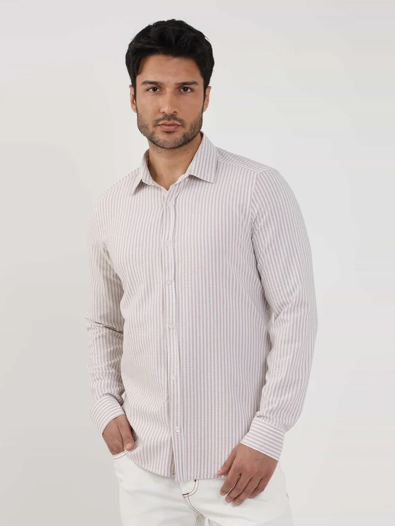 Dufy Beige Men's Slim Fit Striped Classic Collar Long Sleeve Shirt - 107438