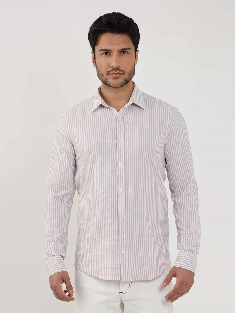 Dufy Beige Men's Slim Fit Striped Classic Collar Long Sleeve Shirt - 107438