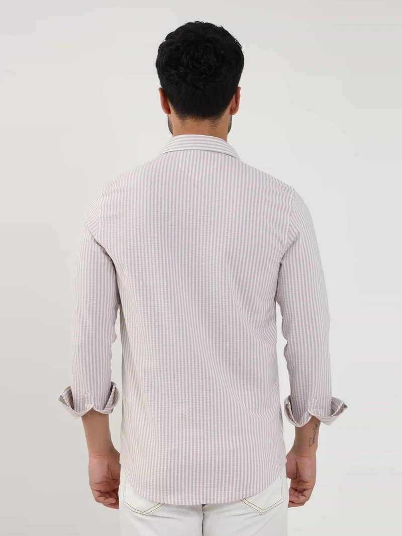 Dufy Beige Men's Slim Fit Striped Classic Collar Long Sleeve Shirt - 107438