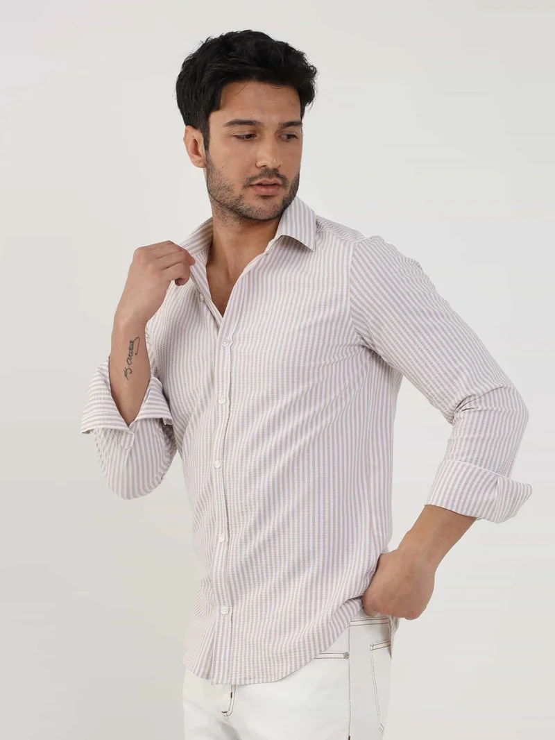 Dufy Beige Men's Slim Fit Striped Classic Collar Long Sleeve Shirt - 107438