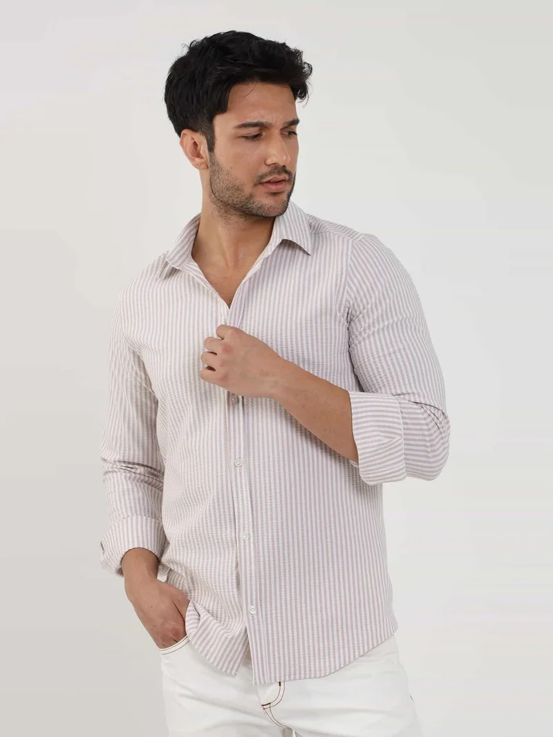 Dufy Beige Men's Slim Fit Striped Classic Collar Long Sleeve Shirt - 107438