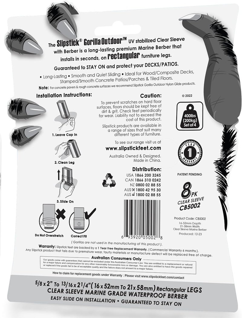 Slipstick GorillaOutdoor Berber Furniture Feet Pads with Clear Sleeve Sock (8 Pack) Weatherproof Outdoor Furniture Sliders for Rectangular Legs - Image 5