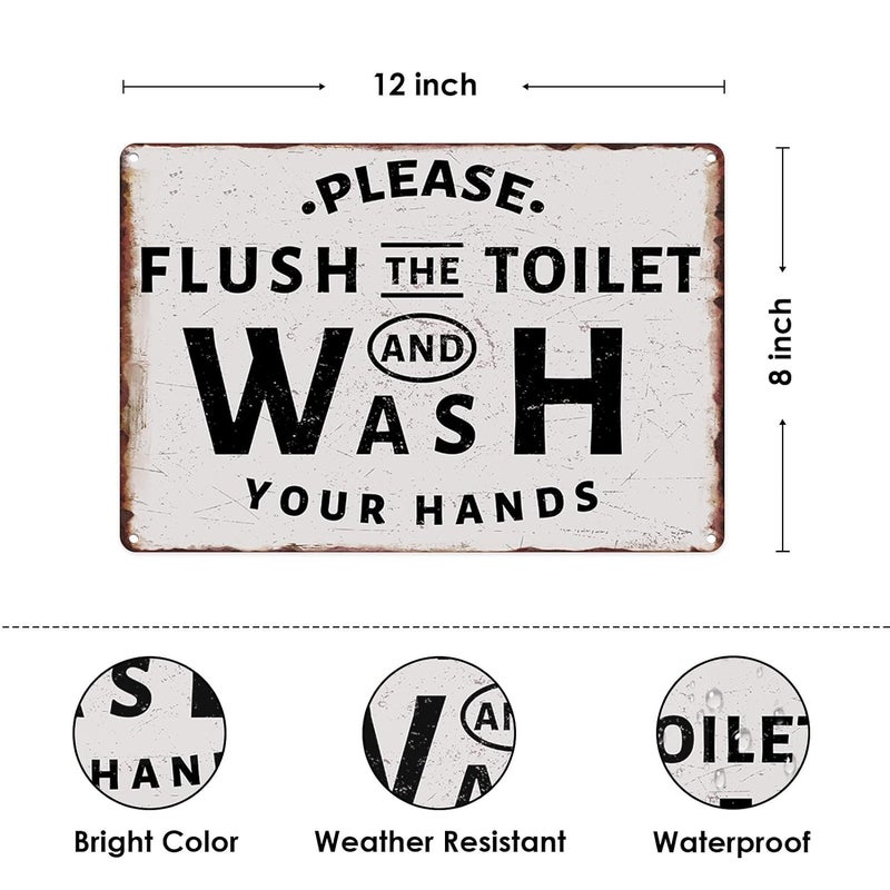 Sanwarm Metal Sign 8X12 Inch, Please Flush The Toilet and Wash Your Hands Vintage Tin Sign Wall Art Decor for Home, Bathroom, Toilet Decoration - Image 2