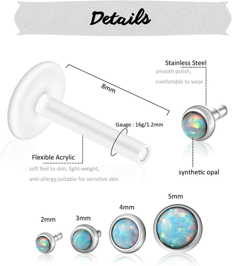 PiercingJ 8-10pcs 16G Stainless Steel + UV Flexible Acrylic Opal Crystal Tragus Retainer Flexible Acrylic Lip Ring Labret Monroe Studs Tragus Helix Cartilage Barbell Earring - Image 2