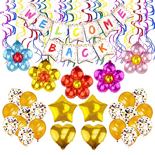 Tazimi Welcome Back Sign Banner Decoration Kit Including Welcome Back Banner Flower Star Heart Shape Balloons Gold Confetti Glitter Balloons and Hanging Swirls for Home School Office Party Decor Supplies - Image 1