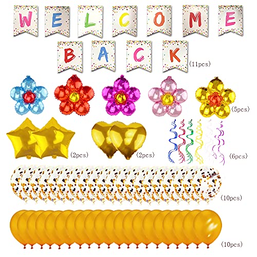 Tazimi Welcome Back Sign Banner Decoration Kit Including Welcome Back Banner Flower Star Heart Shape Balloons Gold Confetti Glitter Balloons and Hanging Swirls for Home School Office Party Decor Supplies - Image 5