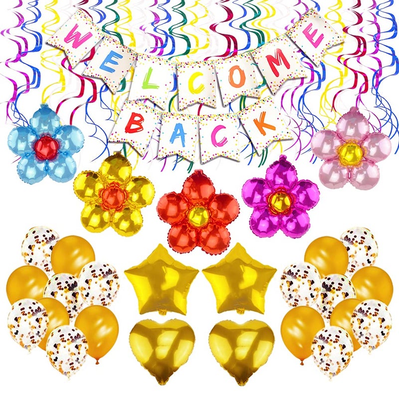 Tazimi Welcome Back Sign Banner Decoration Kit Including Welcome Back Banner Flower Star Heart Shape Balloons Gold Confetti Glitter Balloons and Hanging Swirls for Home School Office Party Decor Supplies - Image 3