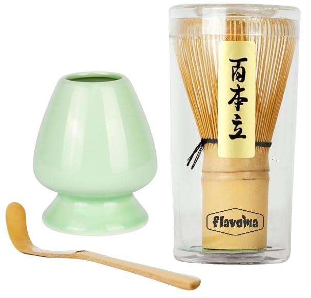 Flavoma (Sets of 3) Japanese Handmade Bamboo Matcha Whisk (Match Brush Japanese Style) + Traditional Scoop (Chashaku) + Ceramic Tea Whisk Holder, Prepare a Traditional Cup of Matcha - Image 1