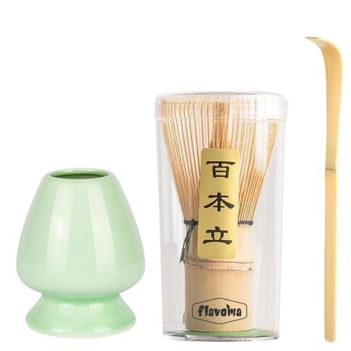 Flavoma (Sets of 3) Japanese Handmade Bamboo Matcha Whisk (Match Brush Japanese Style) + Traditional Scoop (Chashaku) + Ceramic Tea Whisk Holder, Prepare a Traditional Cup of Matcha - Image 2