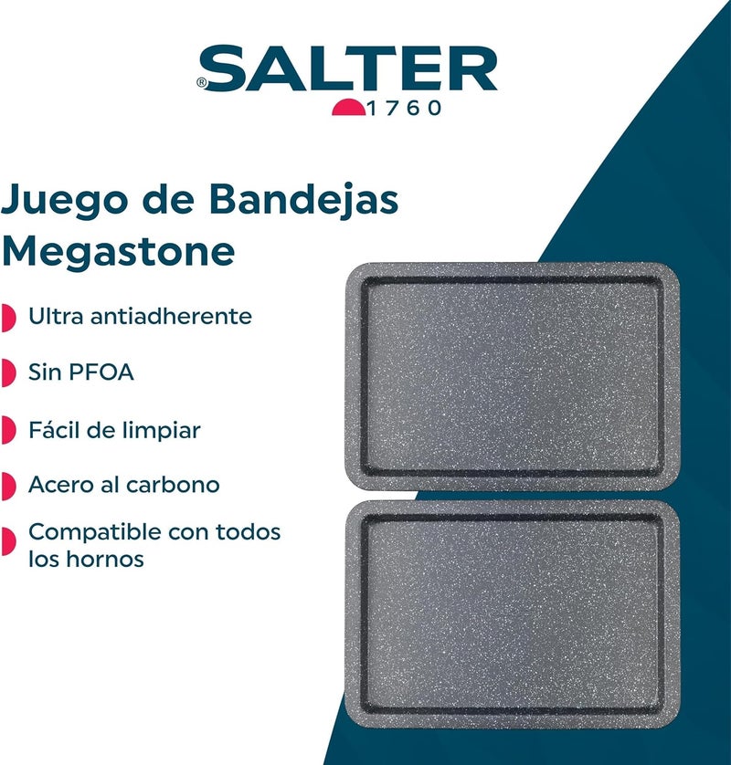 Salter COMBO-8261 Baking Tray Set of 2, Non-Stick Carbon Steel Oven Sheet, Easy Clean, Strong & Durable, Long Lasting, PFOA-Free, Megastone Collection, Black/Silver, 37 cm, Aluminium - Image 2