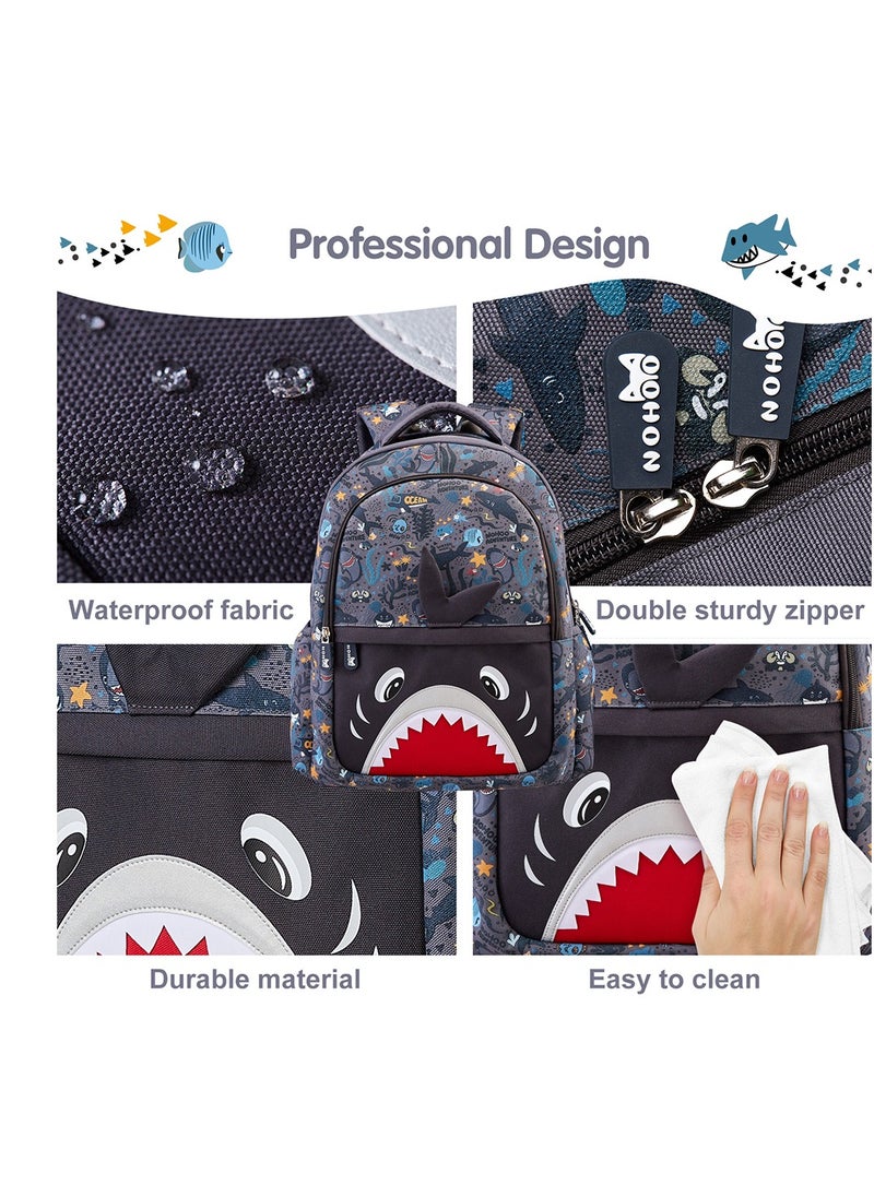 Nohoo حقيبة مدرسية للأطفال من Nohoo مقاس 16 بوصة مع حقيبة غداء بتصميم سمكة قرش - رمادي  - Image 4