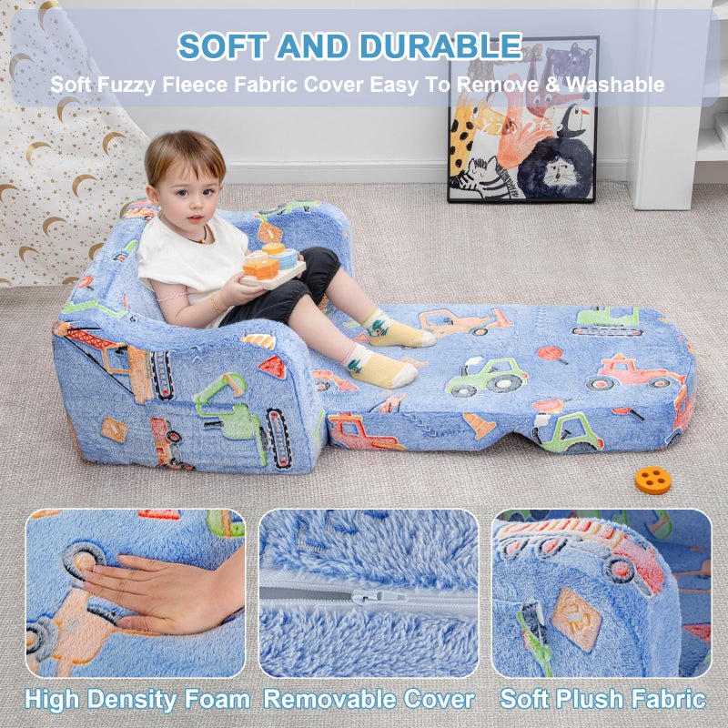 Airpanda Comfy Toddler Chair and Couch for Kids with Blanket,2-in-1 Soft Plush Fold Out Toddler Couch for Girls and Boys,Convertible Sofa to Lounger for Playroom,Car Excavator - Image 5