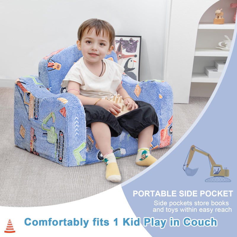 Airpanda Comfy Toddler Chair and Couch for Kids with Blanket,2-in-1 Soft Plush Fold Out Toddler Couch for Girls and Boys,Convertible Sofa to Lounger for Playroom,Car Excavator - Image 3