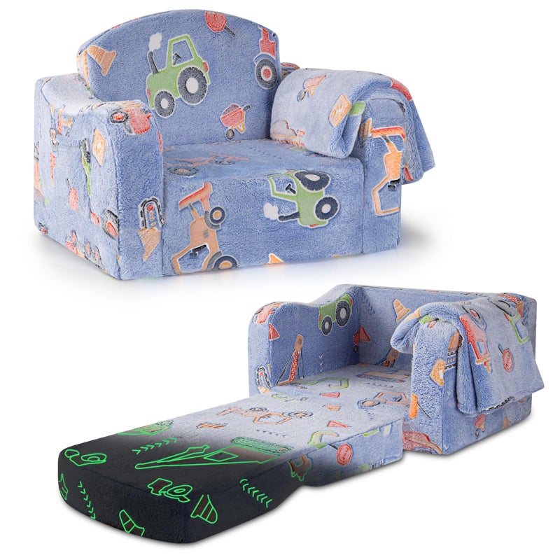 Airpanda Comfy Toddler Chair and Couch for Kids with Blanket,2-in-1 Soft Plush Fold Out Toddler Couch for Girls and Boys,Convertible Sofa to Lounger for Playroom,Car Excavator - Image 1