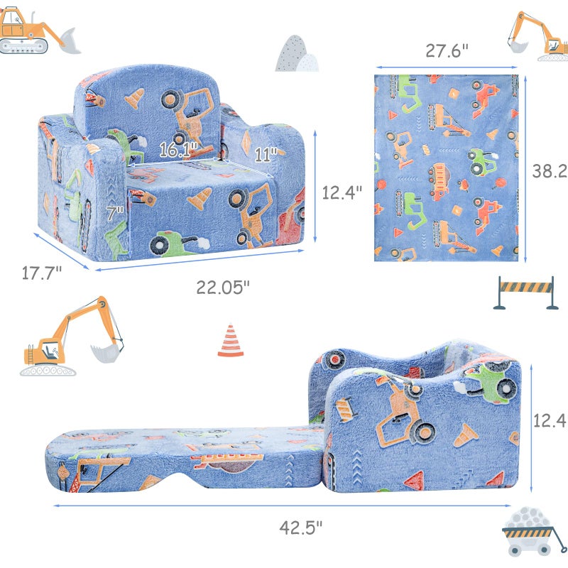 Airpanda Comfy Toddler Chair and Couch for Kids with Blanket,2-in-1 Soft Plush Fold Out Toddler Couch for Girls and Boys,Convertible Sofa to Lounger for Playroom,Car Excavator - Image 2