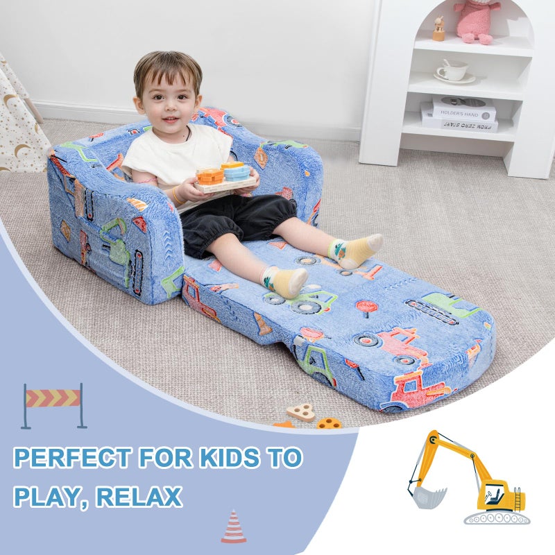 Airpanda Comfy Toddler Chair and Couch for Kids with Blanket,2-in-1 Soft Plush Fold Out Toddler Couch for Girls and Boys,Convertible Sofa to Lounger for Playroom,Car Excavator - Image 4