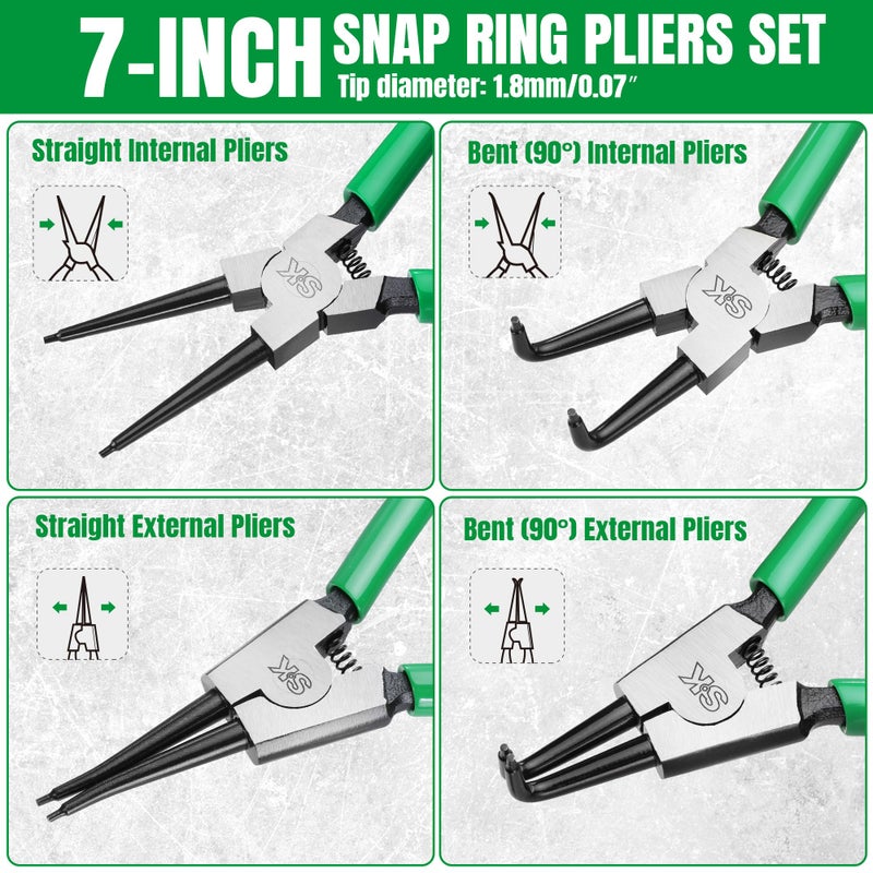 SK 4-Piece Snap Ring Pliers Set, 7-Inch Internal/External Circlip Pliers with Straight/Bent Jaw, Tip Diameter 0.07'', Premium CR-V Steel - Image 3