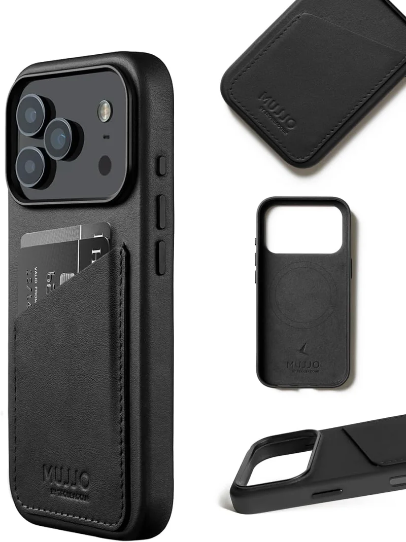 Mujjo iPhone 17 Pro Wallet Case - Black With Magsafe. Crafted From Premium Leather, This Luxurious Case Combines Elegance and Durability, Providing a Sleek, Sophisticated Look While Offering Superior Protection.