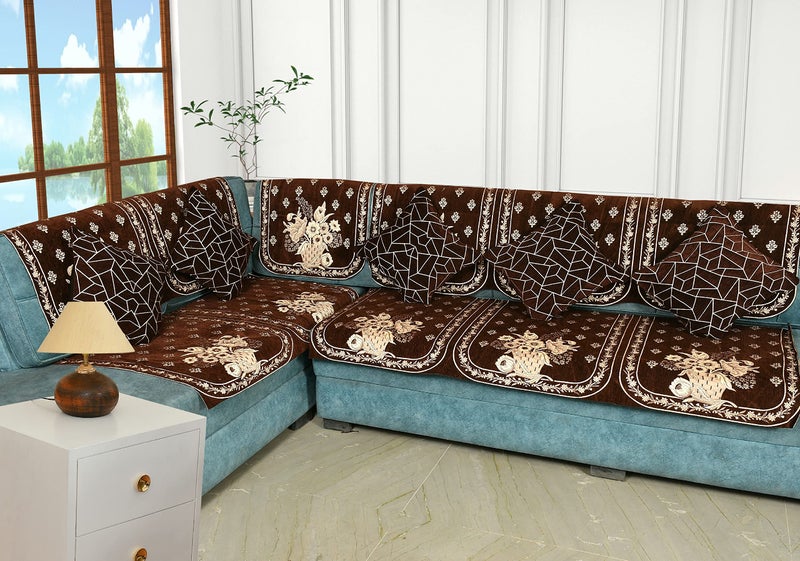SAWNA HOMES L Shape 7 Seater Velvet Sofa Cover Set with Coushions Cover | Printed Back Covers with Ties | Anti-Slip Royal Look Sofa Protector for 3,2,1 Seater Sofa for Living Room (11 Pcs, Coffee) - Image 1