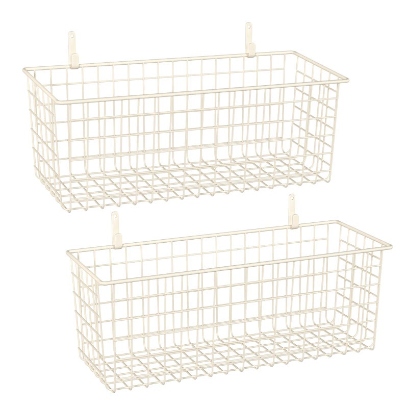 KINLINK 2 Sets Extra Large Hanging Wall Basket, White Metal Wire Baskets with Steel Hooks for Organizing, WallmountedFruit Vegetable Toy Snack Storage, Home Kitchen Bathroom Laundry Pantry Organizer - Image 1