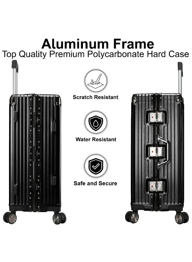 Cabinpro Black Lightweight Aluminum Frame Fashion Luggage Trolley Polycarbonate Hard Case Large Checked Luggage Suitcase with 4 Quite 360 Degree Double Spinner Wheels CP001 Black  | Best Price UAE