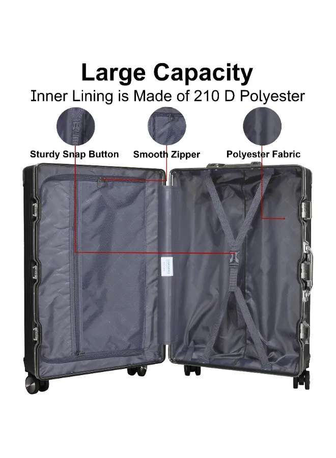 Cabinpro Black Lightweight Aluminum Frame Fashion Luggage Trolley Polycarbonate Hard Case Large Checked Luggage Suitcase with 4 Quite 360 Degree Double Spinner Wheels CP001 Black  | Best Price UAE