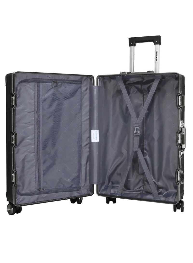 CABINPRO Lightweight Aluminum Frame Fashion Luggage Trolley Polycarbonate Hard Case Large Checked Luggage Suitcase with 4 Quite 360 Degree Double Spinner Wheels CP001 Black