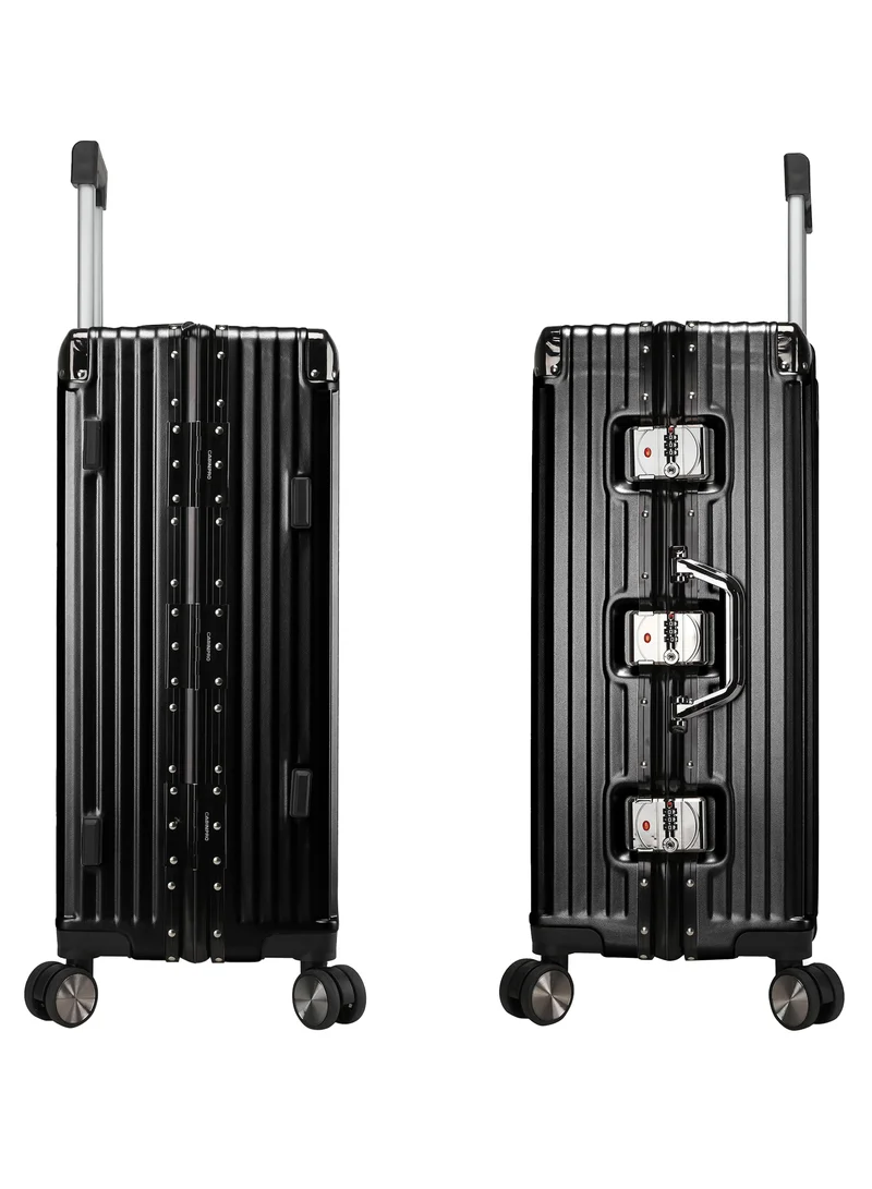 CABINPRO Lightweight Aluminum Frame Fashion Luggage Trolley Polycarbonate Hard Case Large Checked Luggage Suitcase with 4 Quite 360 Degree Double Spinner Wheels CP001 Black