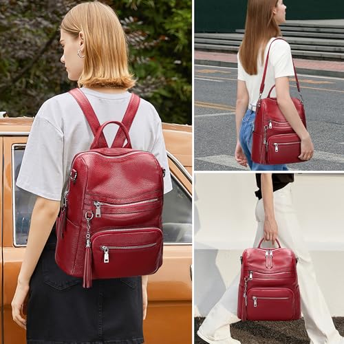 ALTOSY Genuine Leather Backpack Purse for Women Large Shoulder Bag With Laptop Compartment Multiple Pockets(S106 Red) - Image 3
