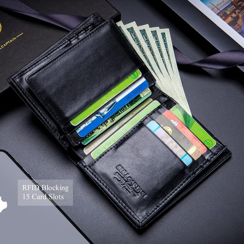 BULLCAPTAIN Large Capacity Genuine Leather Bifold Wallet/Credit Card Holder for Men with 15 Card Slots QB-027 - Image 4