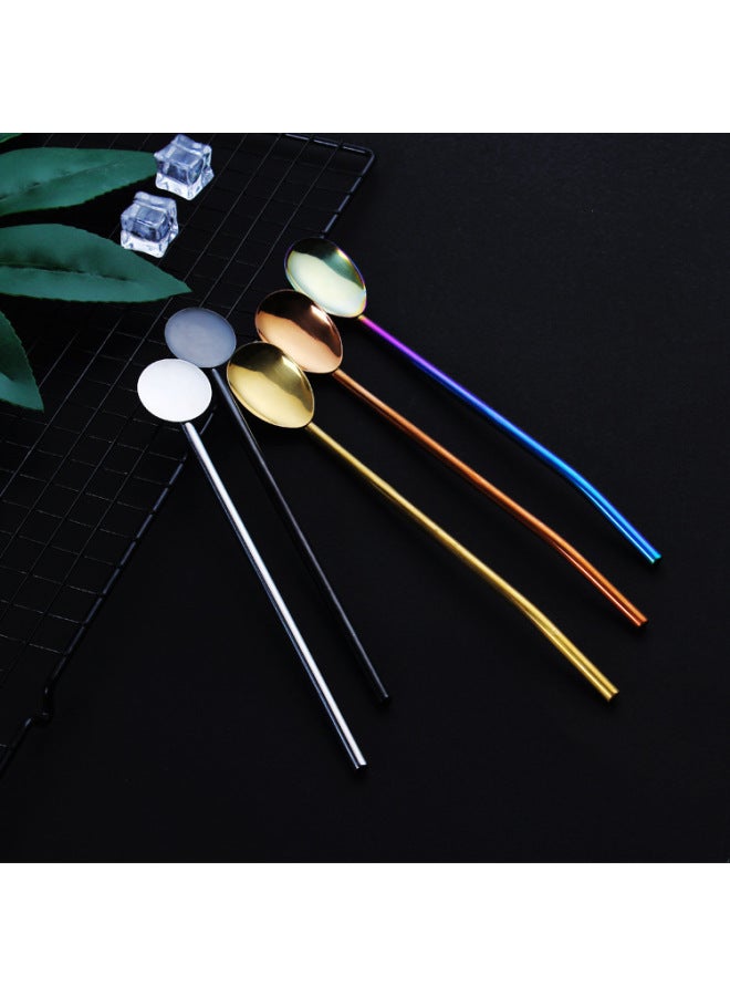 Colorful 304 Stainless Steel Straws Spoon Set For Beverages With Straw Filter Perfect Gift For Weddings Birthdays Festivals-Color:Colorful Plating-Specifications:Straw Round Spoon Cloth Wheel Light - Image 3
