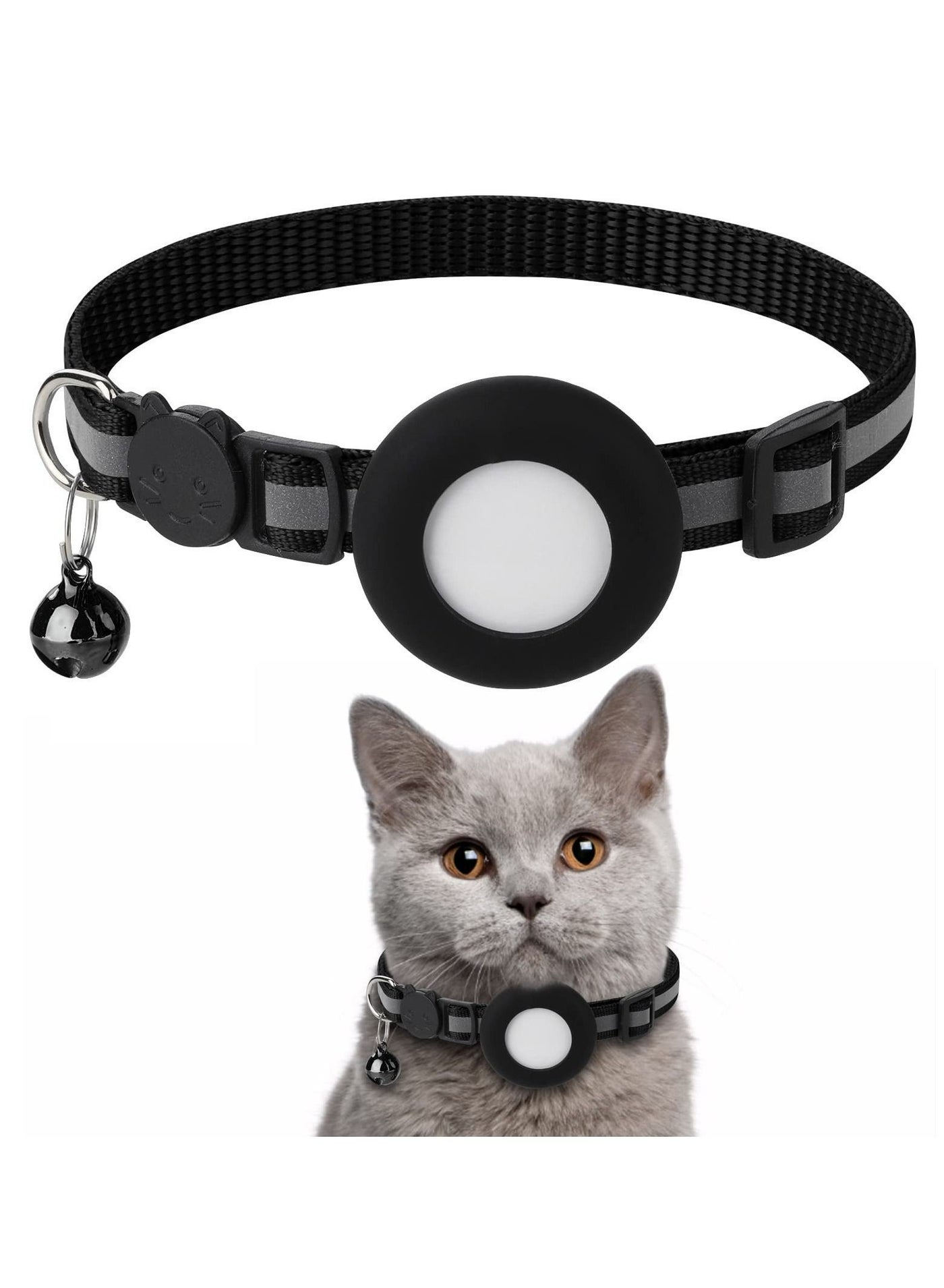 for Airtag Cat Collar with Bell Adjustable Breakaway Kitten Collars, Reflective Designed, Waterproof Holder Dog Puppy (Black)