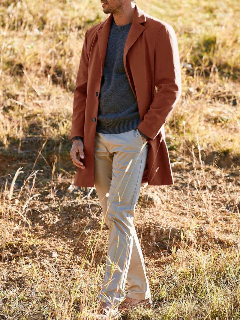 PASLTER Mens Trench Coat Slim Fit Notched Collar Fall Winter Single Breasted Pea Coat Warm Soft Overcoat - Image 4