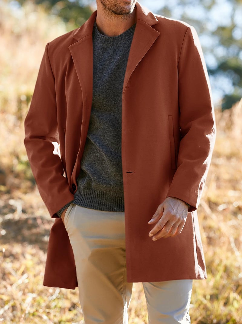 PASLTER Mens Trench Coat Slim Fit Notched Collar Fall Winter Single Breasted Pea Coat Warm Soft Overcoat - Image 2