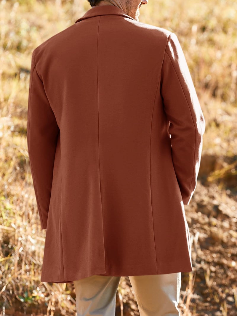 PASLTER Mens Trench Coat Slim Fit Notched Collar Fall Winter Single Breasted Pea Coat Warm Soft Overcoat - Image 3