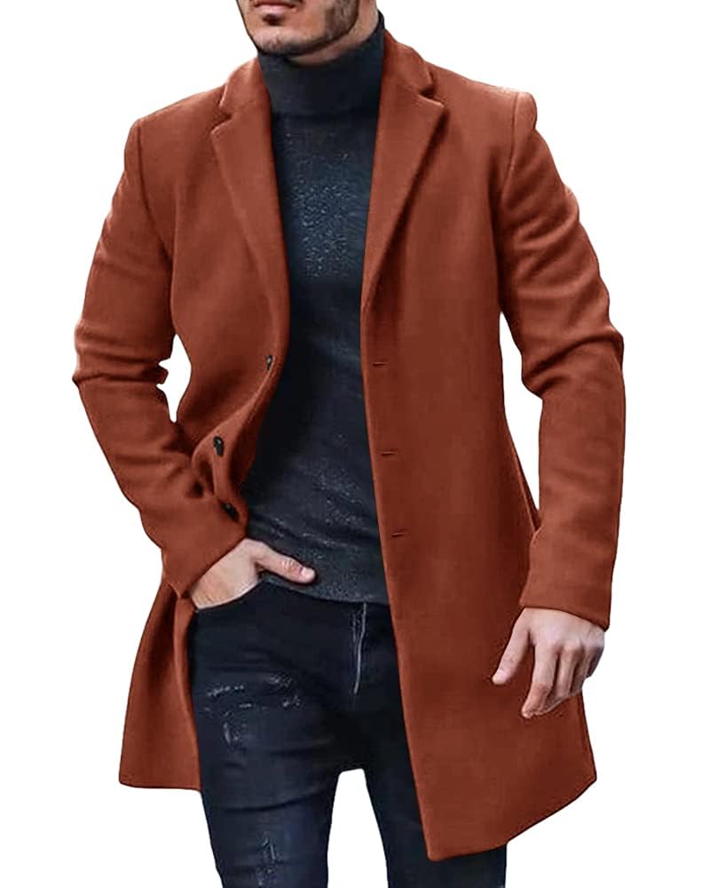 PASLTER Mens Trench Coat Slim Fit Notched Collar Fall Winter Single Breasted Pea Coat Warm Soft Overcoat - Image 1