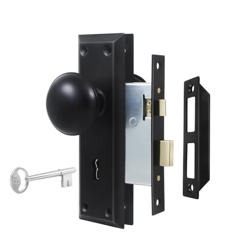 Newliplace Mortise Lock Set for Interior Door, Vintage Old Door Knobs with Lock and Skeleton Key, Antique Door Knobs Matte Black Finish - Image 1