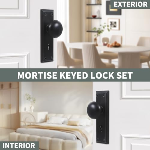 Newliplace Mortise Lock Set for Interior Door, Vintage Old Door Knobs with Lock and Skeleton Key, Antique Door Knobs Matte Black Finish - Image 4