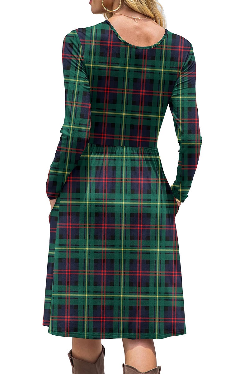 DB MOON Womens Casual Long Sleeve Dresses Empire Waist Knee Length Loose Dress with Pockets (DBL Green Plaid, S) - Image 2