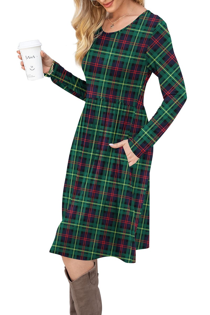 DB MOON Womens Casual Long Sleeve Dresses Empire Waist Knee Length Loose Dress with Pockets (DBL Green Plaid, S) - Image 3