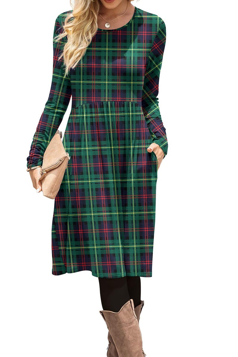 DB MOON Womens Casual Long Sleeve Dresses Empire Waist Knee Length Loose Dress with Pockets (DBL Green Plaid, S) - Image 1