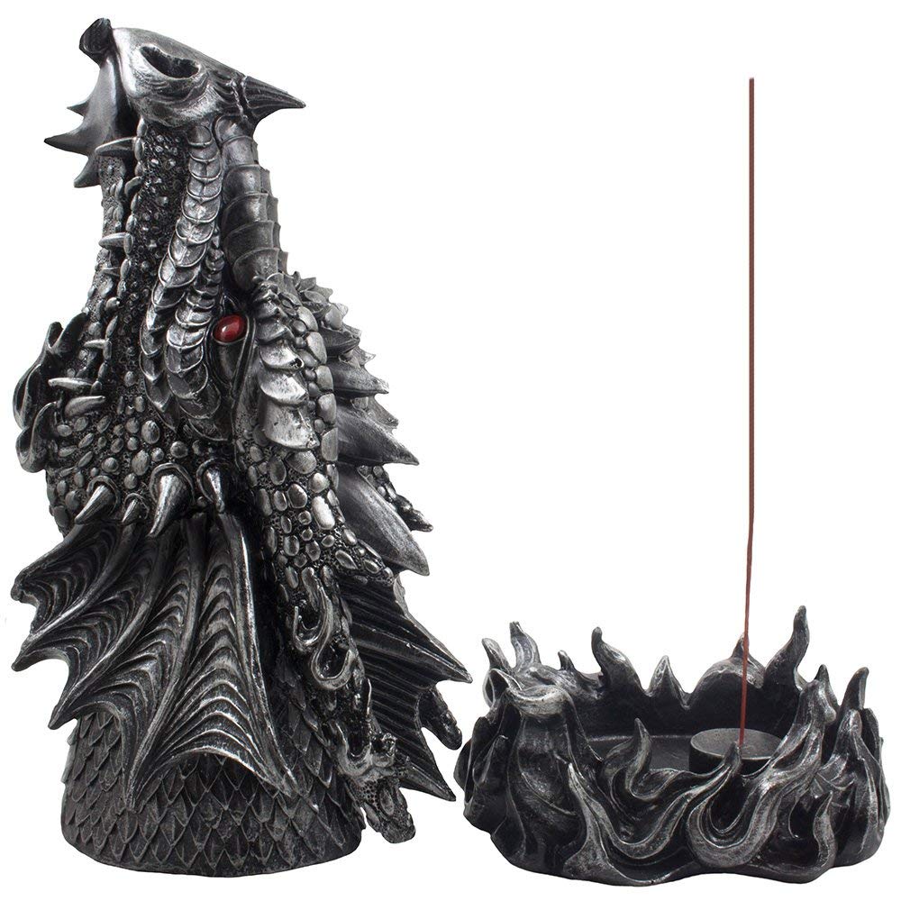 Mythical Fire Breathing Dragon Incense Holder Burner Combo Statue for Sticks or Cones with Decorative Display Stand of Flames As Gothic Home Decor Aromatherapy Sculptures and Medieval Fantasy Gifts