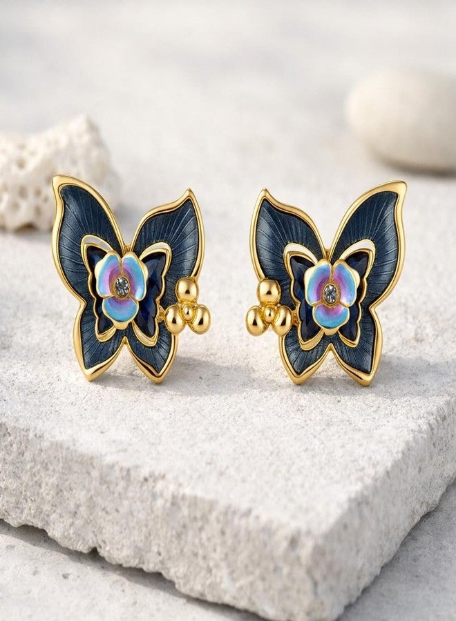 AMAAL Gold Plated Enamel Butterfly Pearl Stud Korean Earrings set for Women & Girls | Meenakari Western AD Ear rings for Wife| Jewellery for woman | Valentine Gift for Girlfriend couple 471 - Image 5