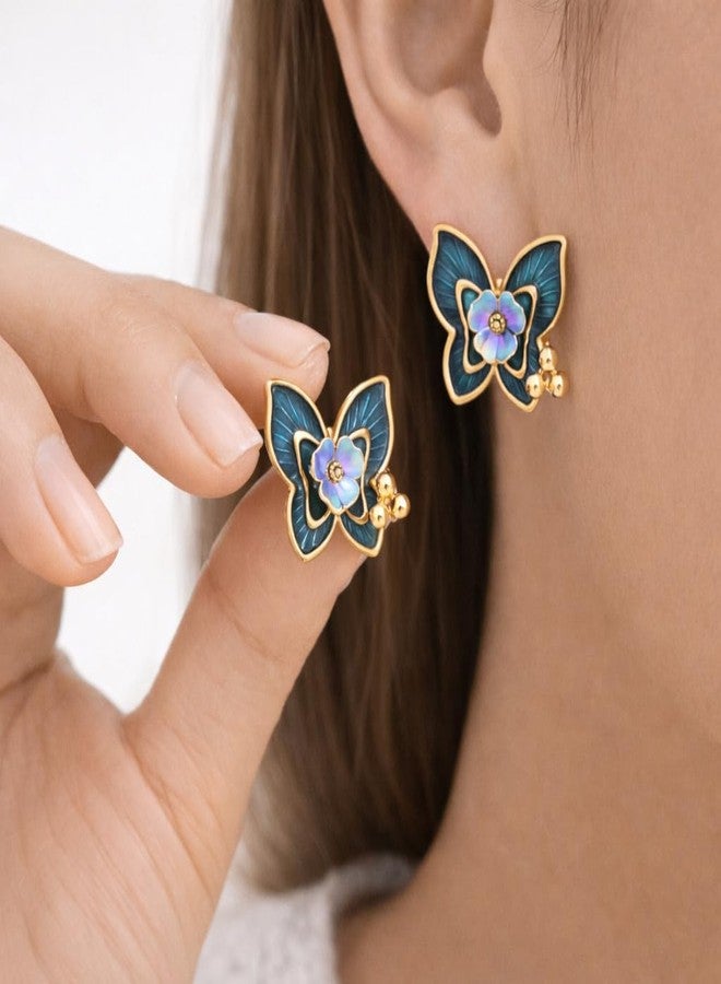 AMAAL Gold Plated Enamel Butterfly Pearl Stud Korean Earrings set for Women & Girls | Meenakari Western AD Ear rings for Wife| Jewellery for woman | Valentine Gift for Girlfriend couple 471 - Image 2