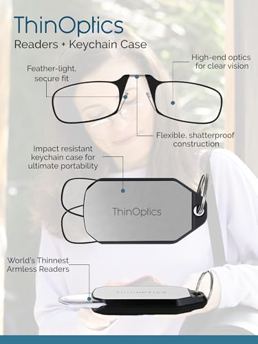 ThinOptics Keychain Case and Readers Rectangular Reading Glasses, Clear Frames / Black Case, 44 mm + 1.5 - Image 4