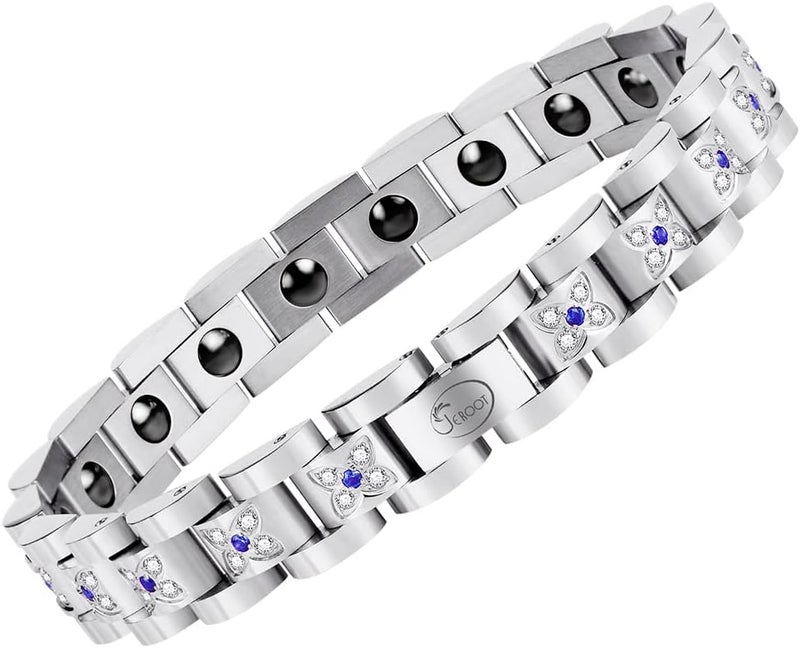 JEROOT Magnetic Hematite Bracelet for Women, Titanium Steel Bracelet, Adjustable Blue Zirconia Silver Wrist Strap Bracelet with Removal Tool