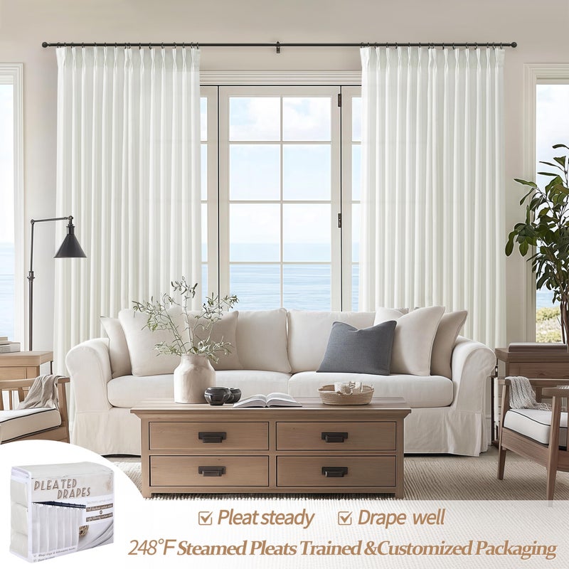 PleatedDrapes Pinch Pleated Solid White Sheer Curtains 96 Inches Long for Living Room 2 Panels Set, Neutral Thick Linen Viral Curtain Light Filtering Privacy Dining Room Floor to Ceiling Window Drapes 8 FT 2 Burg - Image 2